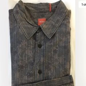 Hugo Boss Men Dress Shirt Brown Gray Floral Distress XL Cotton Long Sleeve